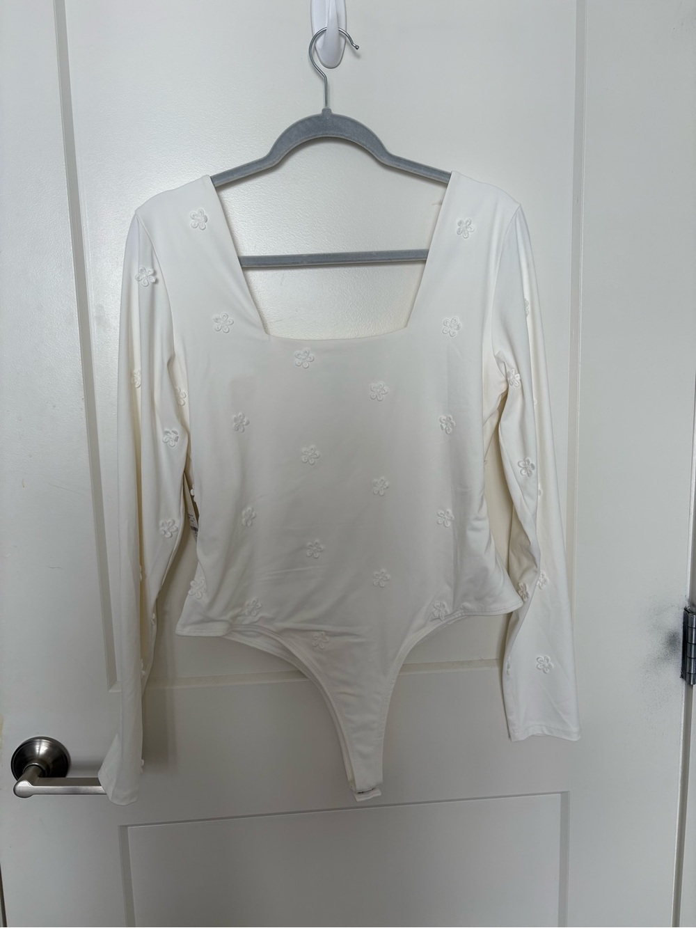Francesca's Collections Cream Long-Sleeve Square-Neck Embroidered Bodysuit